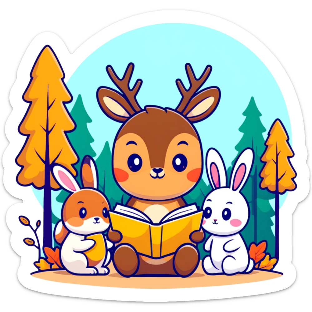 cute deer and bunny reading together in a soft autumn forest scene, sticker style sticker