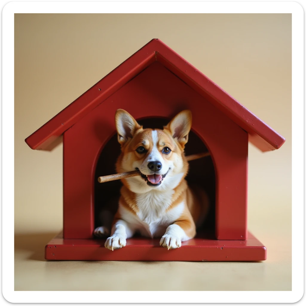 realistic red dog house with a Corgi dog inside, Corgi with a stick, photorealistic style sticker