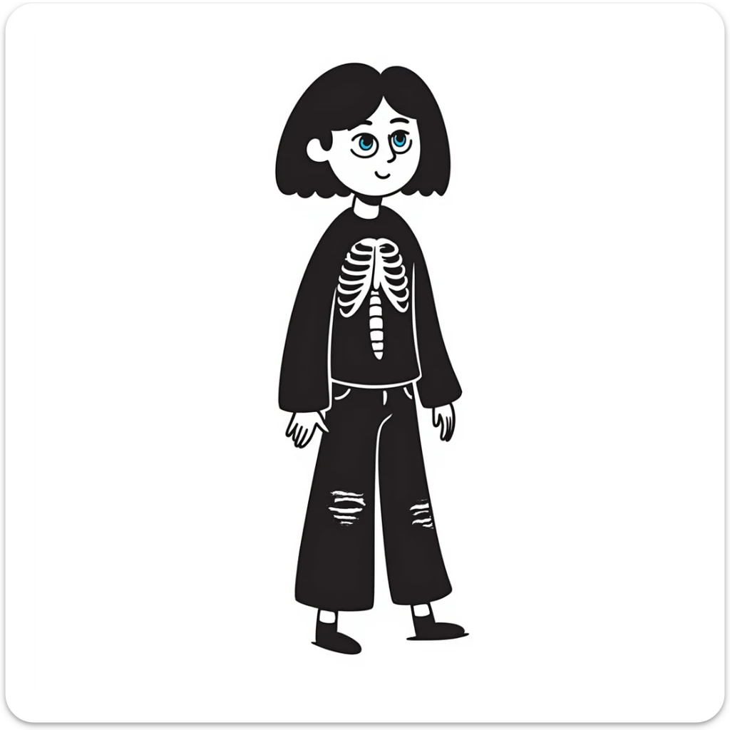 black-haired, blue-eyed person wearing a black skeleton top and ripped black jeans sticker