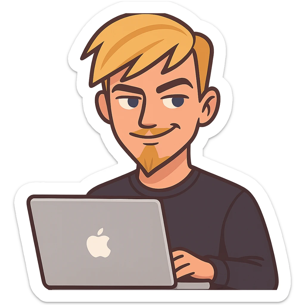 flat-toon style young blond male, blue eyes, modern forward-styled hair with fringe, sly proud smile, thin blonde mustache and sharp goatee, working on MacBook, clean, stylish, tech-savvy, web-ready sticker