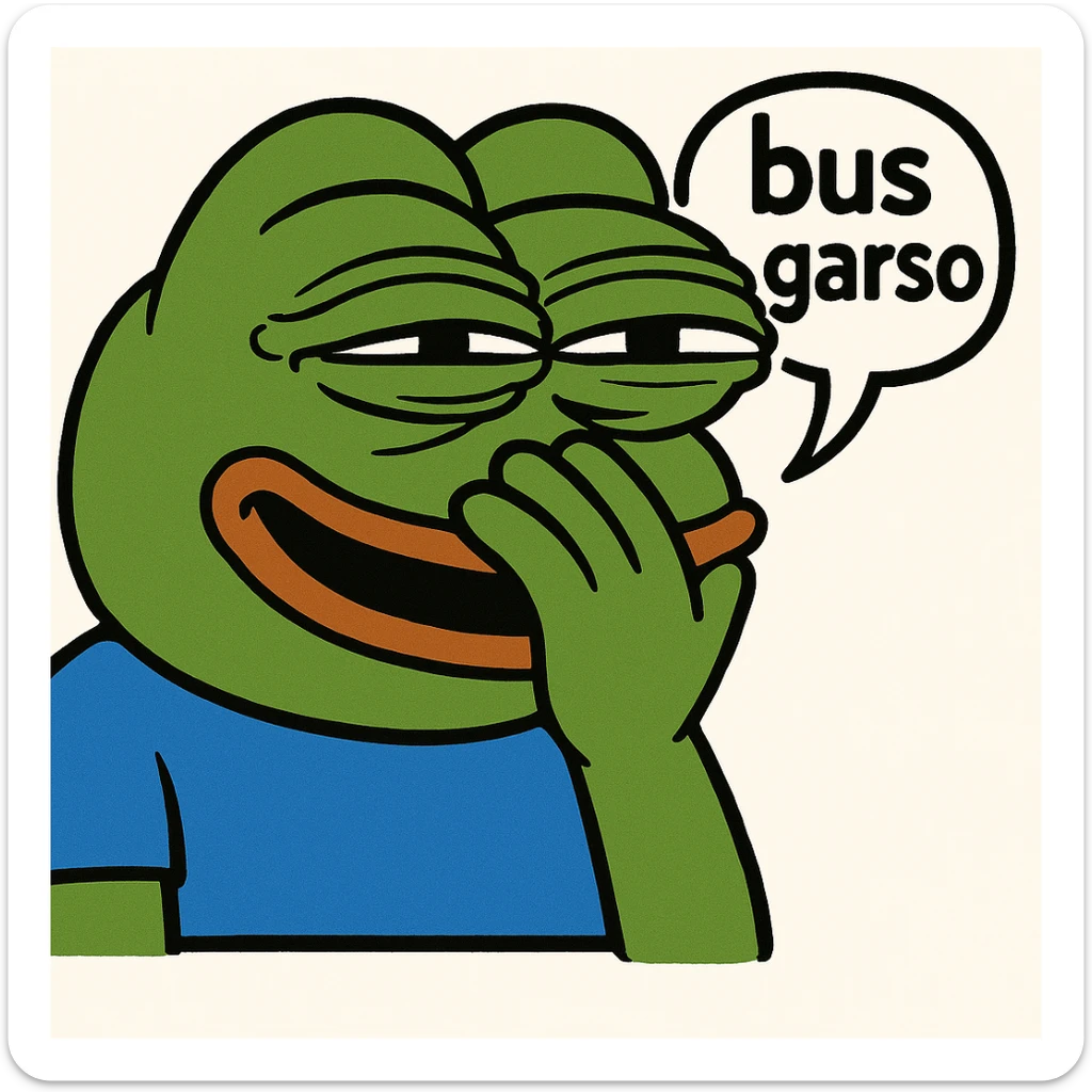 Edit the classic Pepe the Frog in 3D emoji style with hand over mouth, eyes squinting, about to burst out laughing, with a speech bubble 'bus garso'. Classic Pepe look, no drink, focus on face and expression. Variant 4. sticker