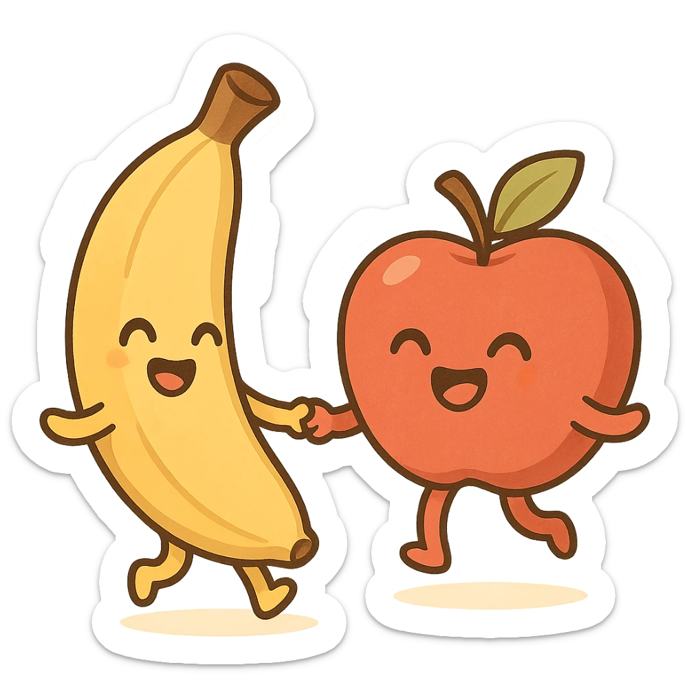 a cartoon banana and apple holding hands and dancing, cheerful, minimal background sticker