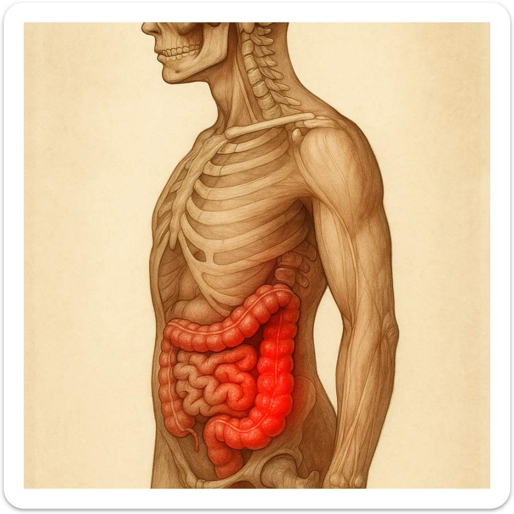 realistic anatomical illustration of human body with inflamed intestine, side view, detailed anatomy, inflammation highlighted in red, natural colors, vertical 9:16 format sticker
