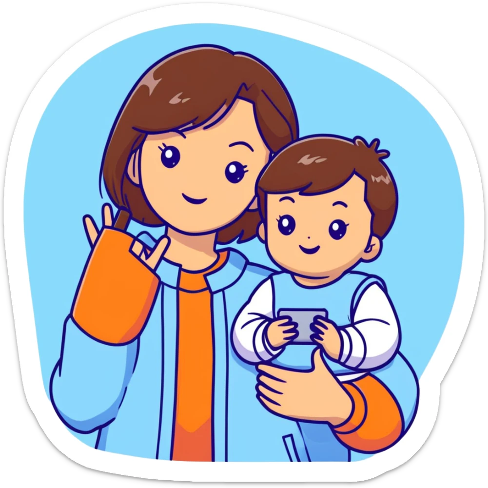 brunette girl with brown hair wearing pastel blue clothes holding a baby and taking a selfie sticker