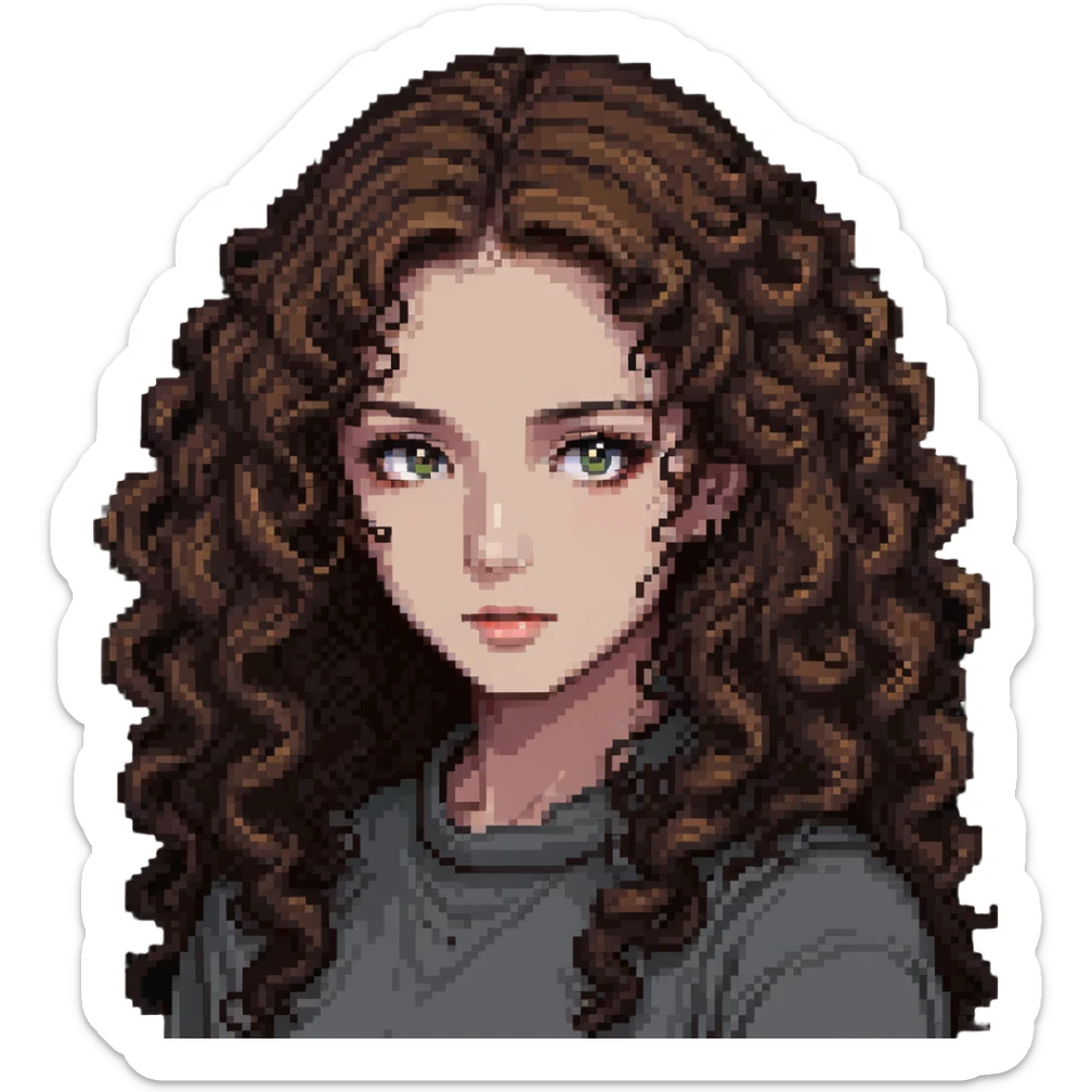 girl with longer curly hair parted on the side, dark eyes and light makeup sticker