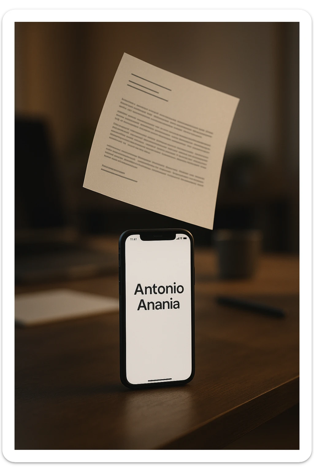 A photo of an iPhone with the message "Antonio Anania" on its screen, hovering over it is another document floating in mid-air, both surrounded by soft light and shadow. The phone sits atop a desk with a blurred background that suggests work environment. A faint glow from above casts gentle shadows across the surface of each object, creating depth and highlighting their textures. sticker