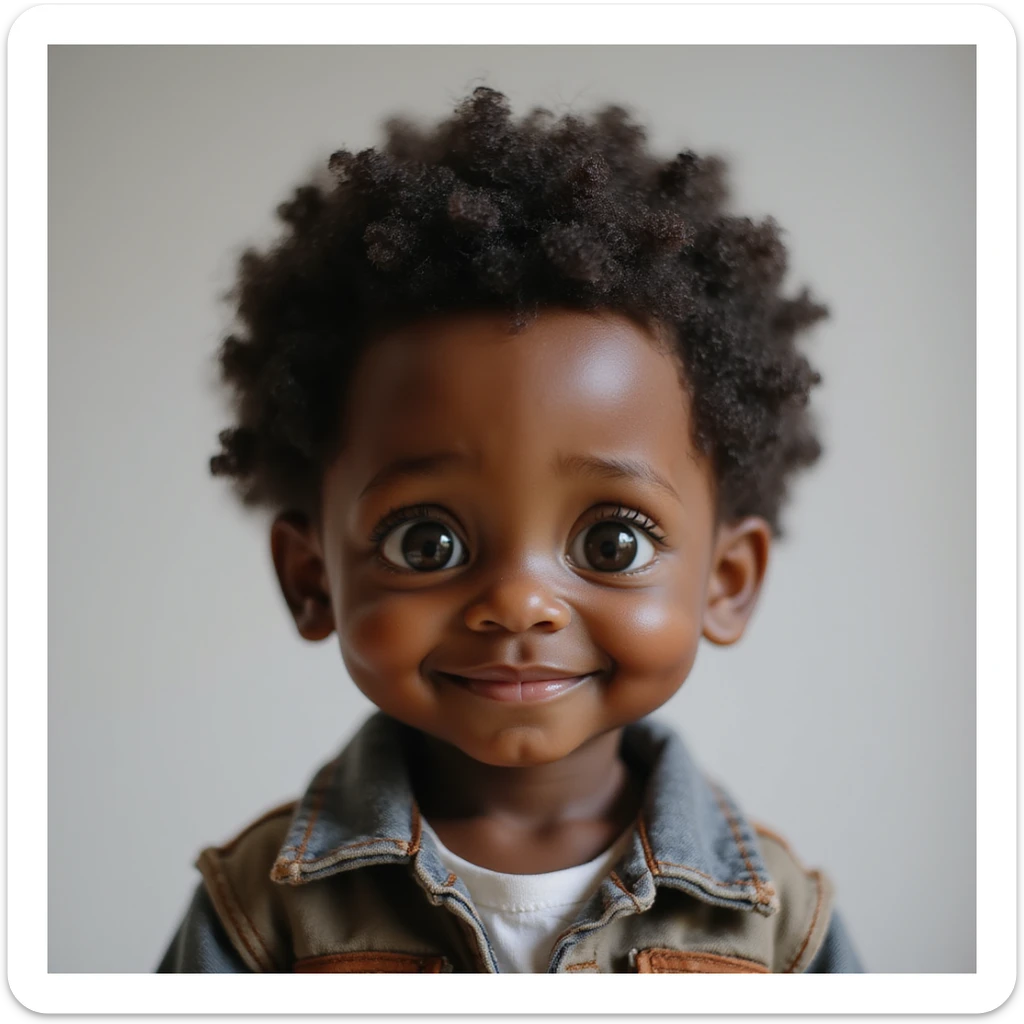 a small realistic black boy with a friendly expression and natural features, lifelike details, natural skin tone, detailed face sticker