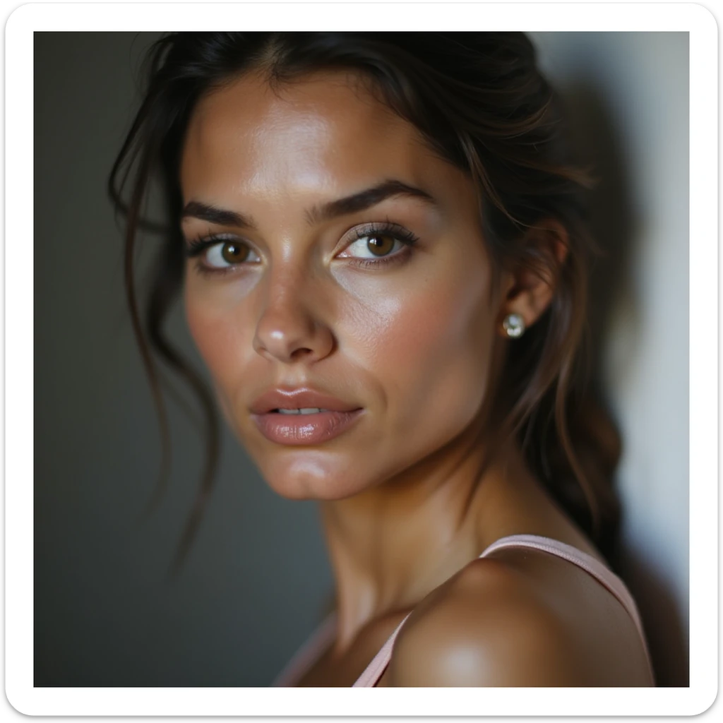 realistic portrait of a girl resembling Adriana Lima, photorealistic style, subtle makeup, direct gaze sticker