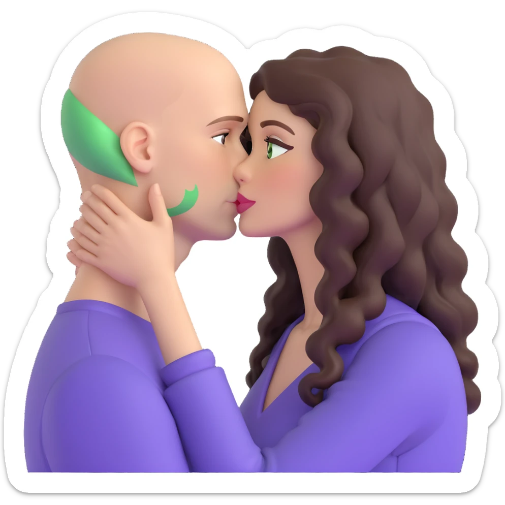 caucasian bald man with green eyes and caucasian woman with long curly dark hair and brown eyes kissing sticker