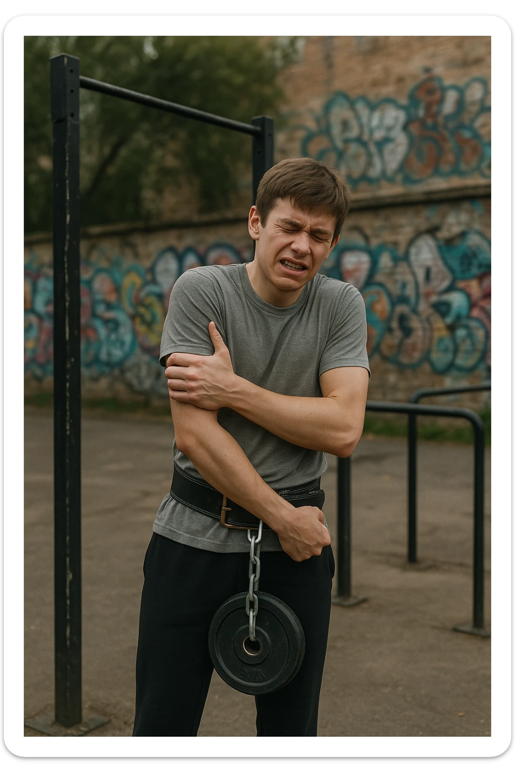 Giovane atleta neofita, fisico normale e non ancora sviluppato, si allena per la prima volta in uno spazio urbano per streetlifting: sbarra per trazioni, parallele, e pesi appesi alla cintura. Ma si è infortunato perchè non faceva le cose con la giusta tecnica. sticker