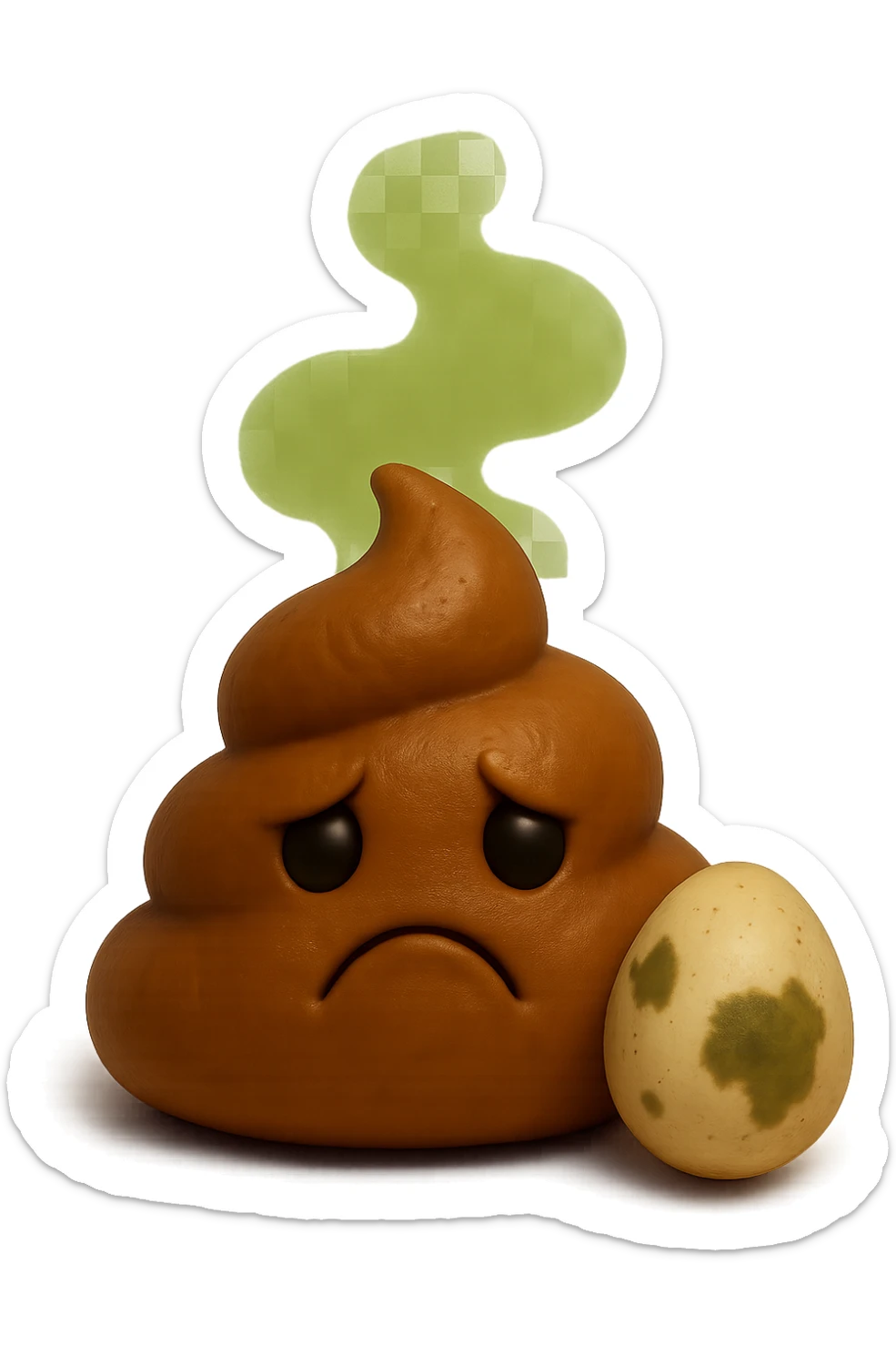 emoji stile iphone feci tristi realistiche 3d con nuvoletta verde che esce simboleggiando puzza e con accanto un uovo marcio 4k
 sticker