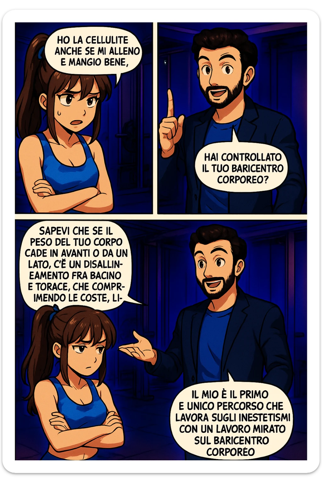 PRENDI SPUNTO DA QUESTO STILE FACENDO UN WEBTOON/MANGA:

LEI (DONNA): Ho la cellulite anche se mi alleno e mangio bene, cosa posso fare?

LUI (UOMO): Hai controllato il tuo baricentro corporeo?
LUI (UOMO): Sapevi che se il peso del tuo corpo cade in avanti o da un lato, c’è un disallineamento fra bacino e torace, che comprimendo le coste, limita la motilità del diaframma e l’ossigenazione dei tessuti?
LUI (UOMO): Il mio è il primo e unico percorso che lavora sugli inestetismi con un lavoro mirato sul baricentro corporeo. sticker