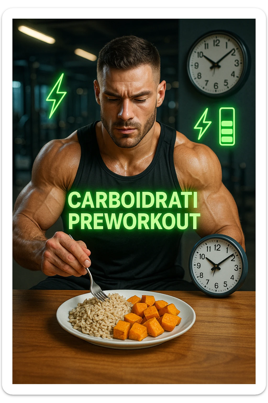 Uomo atletico seduto al tavolo poco prima di andare in palestra, mentre mangia una porzione di riso integrale e patate dolci con un’espressione consapevole e concentrata. Sullo sfondo si intravede la palestra. Sopra al piatto c’è una scritta luminosa 'Carboidrati preworkout'. Accanto a lui, un orologio indica che mancano 45 minuti all’allenamento. Il suo corpo appare pronto, i muscoli sono pieni e ben vascolarizzati, e sullo sfondo ci sono icone simboliche di energia (es. fulmini, barre di energia verdi). Atmosfera motivante e piena di vitalità. in italiano sticker