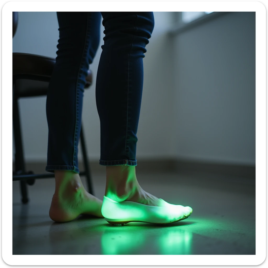 realistic style woman standing up from chair without pain, orthopedic insole visible, foot with green glow, expression of relief, clinical environment sticker