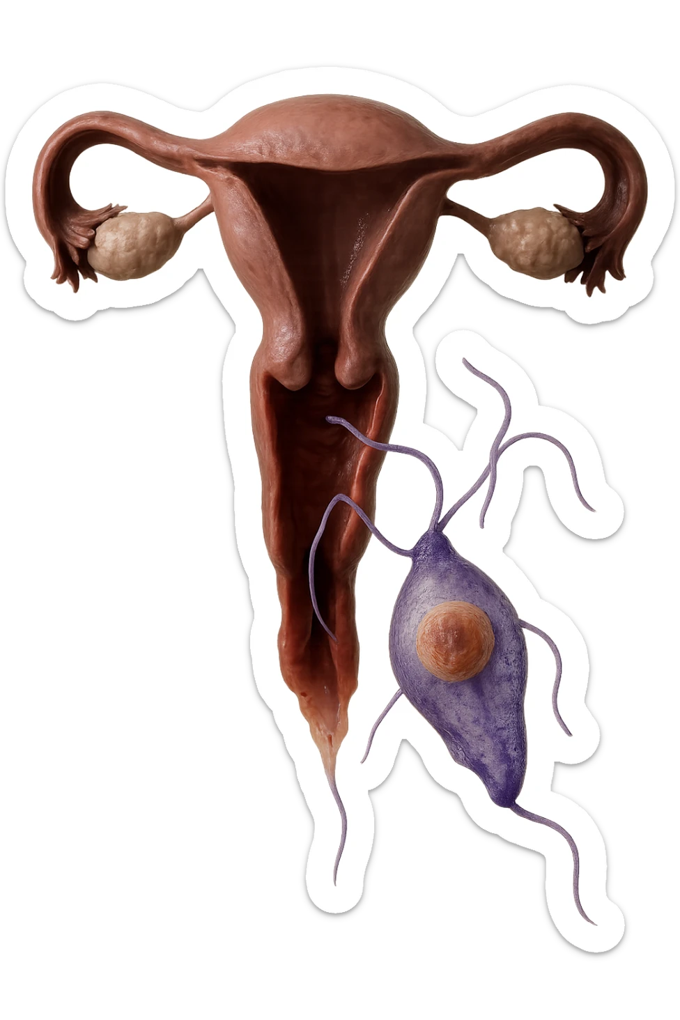 Trichomonas vaginalis che esce da un utero umano anatomico, iperrealistico 4k, non disegnato sticker