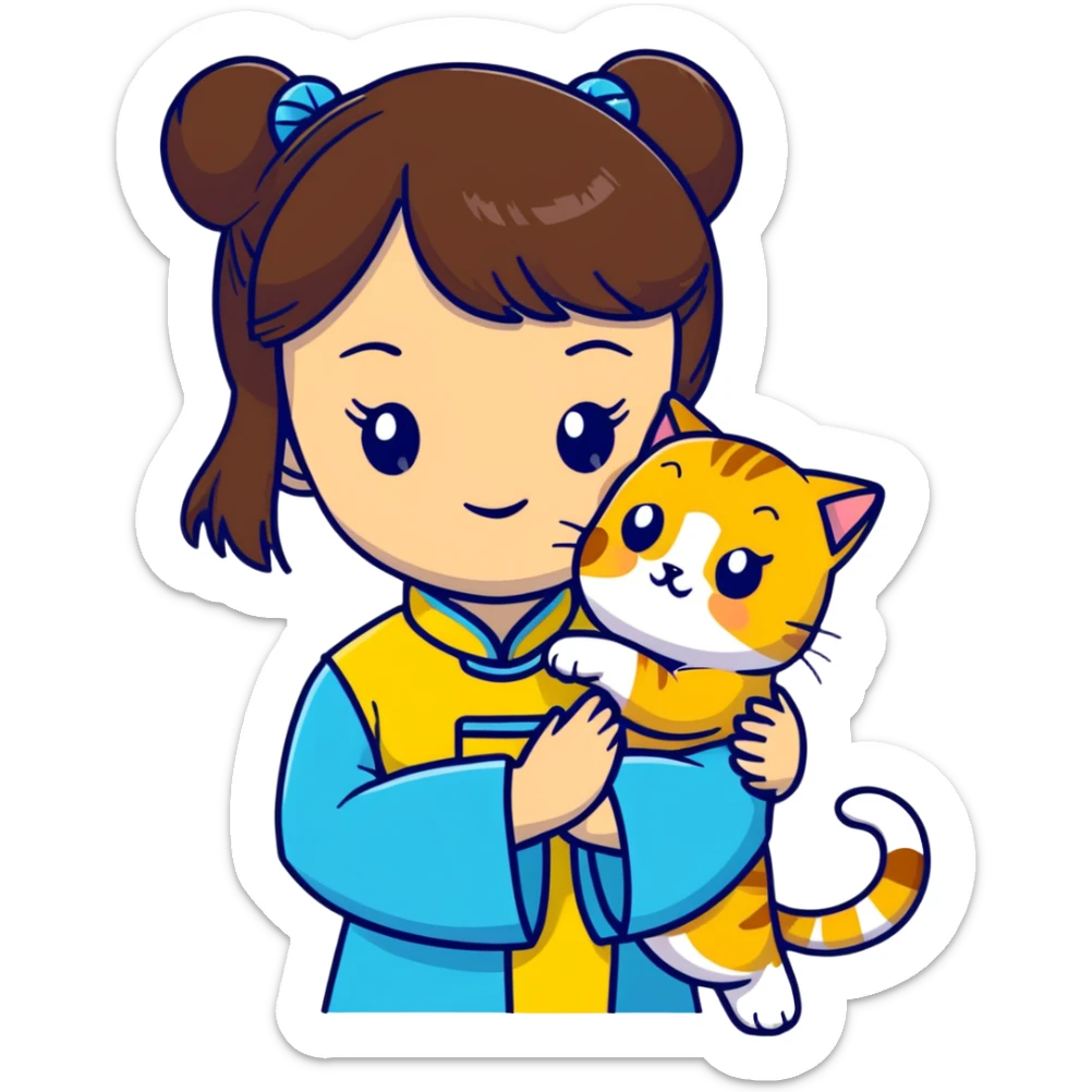 girl with brown hair and bangs wearing yellow qipao with a gray tabby cat sticker