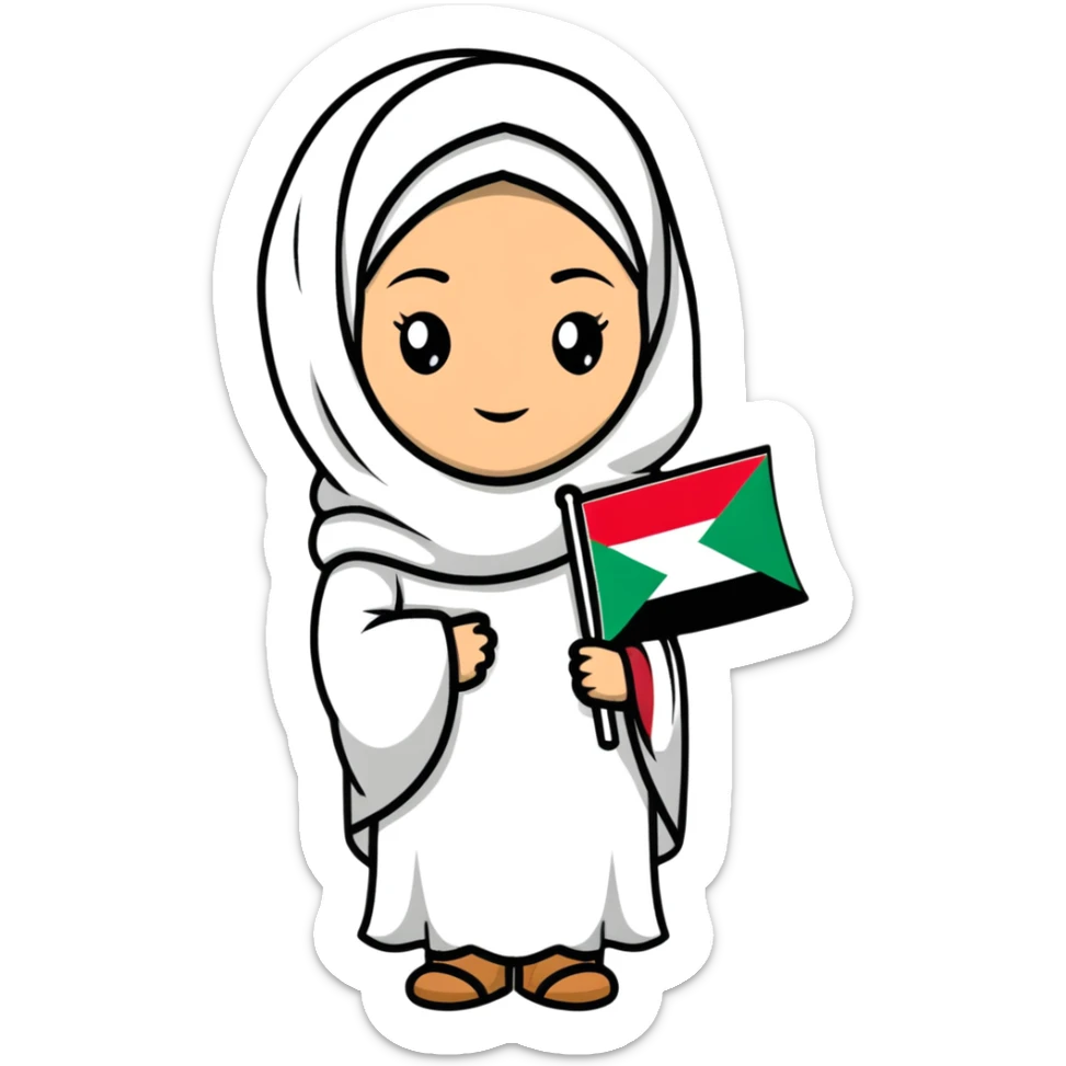 a hijab-wearing girl wearing the Palestinian keffiyeh and holding the Oman flag, cartoonish sticker style sticker