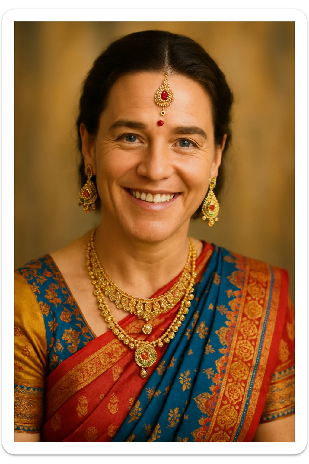 a famous Western celebrity reimagined as an Indian person in traditional attire, vibrant colors, friendly expression sticker