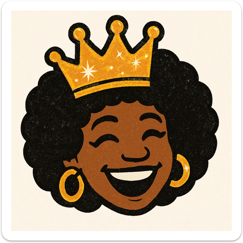 Create a 1970s disco emoji of just the head of a female African American, inspired by the references, using only gold, silver, black, and white. Make the crown and accessories extra vibrant and sparkling, with a joyful expression and afro hairstyle, in a bold pop colors style. sticker