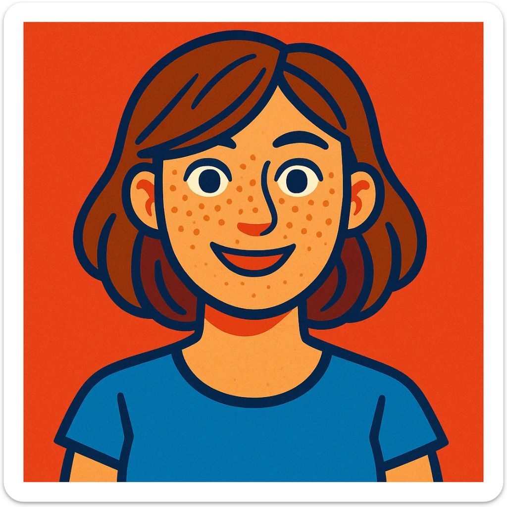 portrait of a white woman with freckles, shoulder-length brown hair, colorful cartoon style sticker