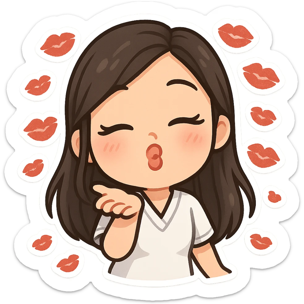 3D chibi bitmoji style sticker of a girl with long dark hair, white medical top, kissing the viewer, lots of kiss marks, white outline, transparent background sticker