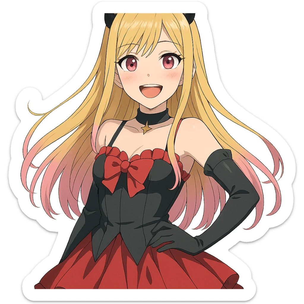 Marin Kitagawa, smiling, wearing cosplay outfit, long blonde hair with pink tips, vibrant anime style sticker