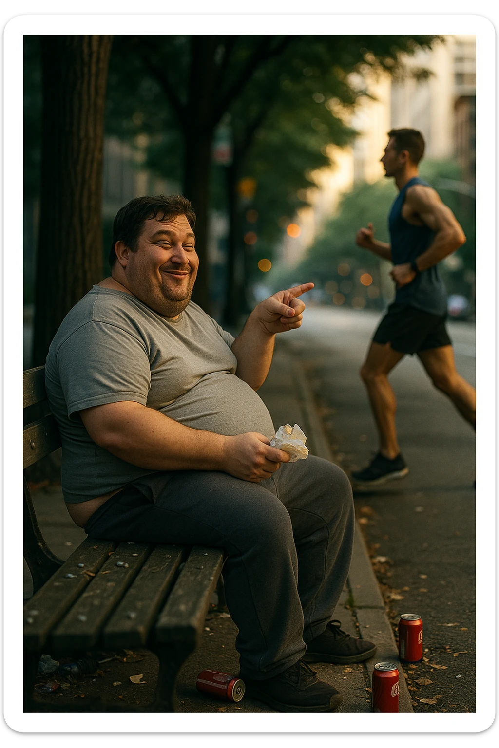 A cinematic urban scene showing an overweight man in his late 30s sitting on a park bench, with a fast food wrapper in one hand and a smirk on his face. He points mockingly toward a fit, athletic person jogging nearby. The man is wearing casual clothes that barely fit — a stretched-out T-shirt and sweatpants — and his posture is slouched. His expression is sarcastic, laughing, but there’s a subtle shadow of insecurity in his eyes. The contrast is clear: the jogger is framed in soft morning light, moving with energy and purpose, while the man on the bench is surrounded by clutter, soda cans, and dim, flat lighting. Shot in 35mm cinematic style, shallow depth of field, with muted tones around the man and vibrant light around the jogger — emphasizing the disconnect between appearance and attitude. sticker