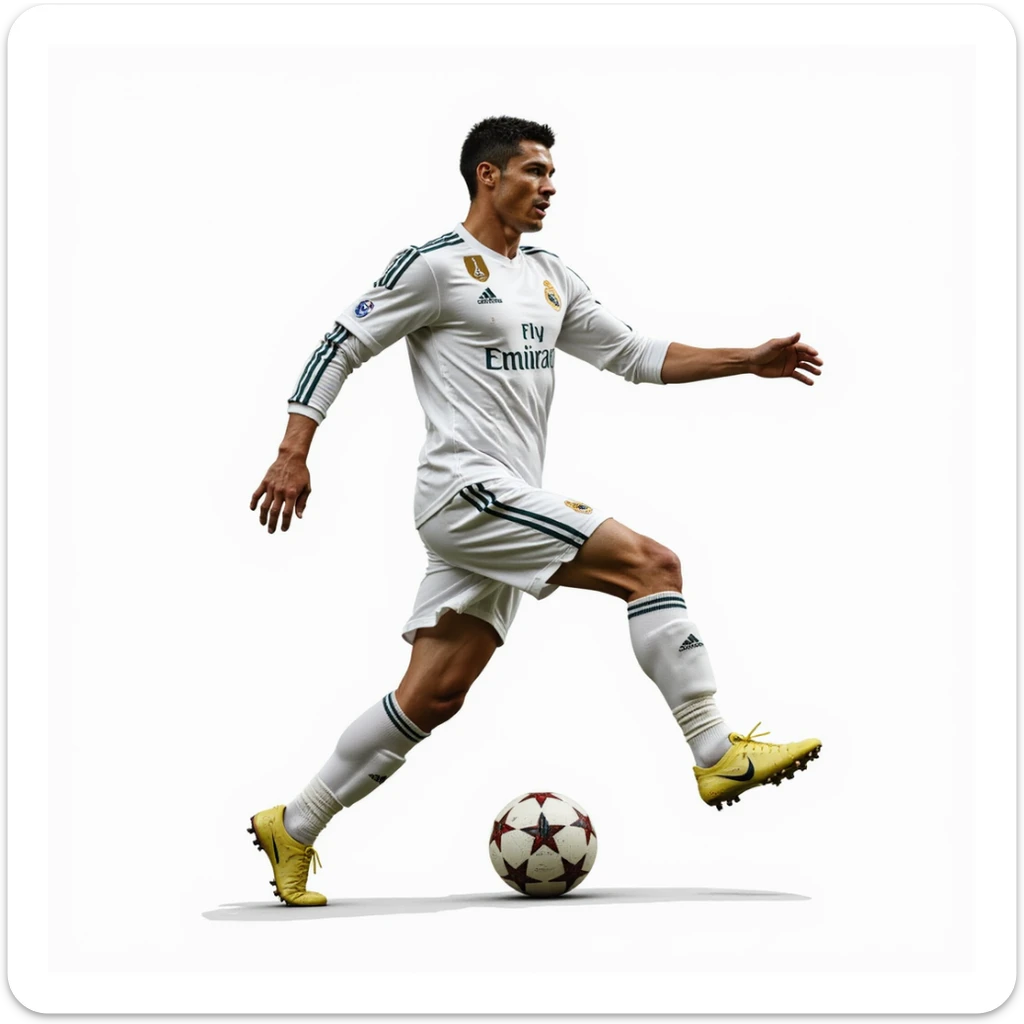 realistic illustration of a football player inspired by Cristiano Ronaldo, in action, wearing a classic white kit, dynamic pose, photorealistic style sticker