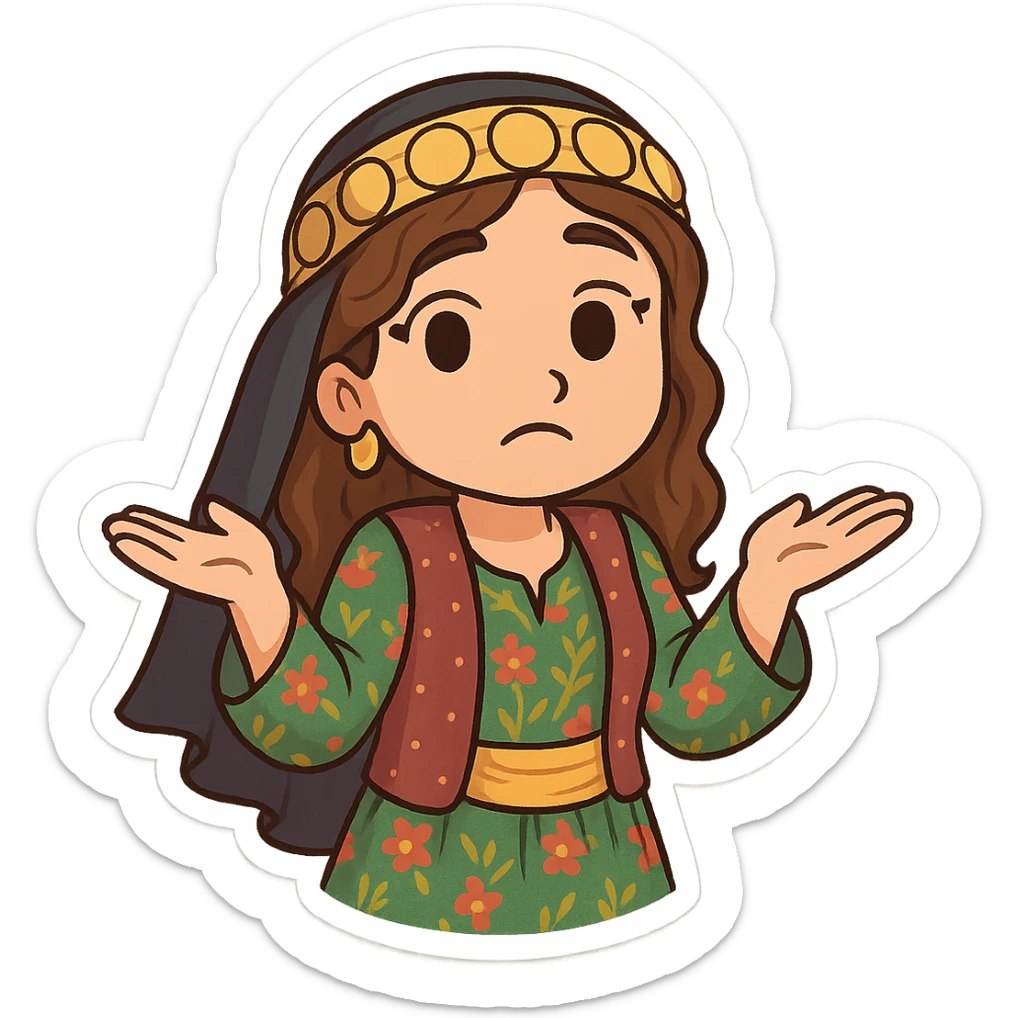 Create a colorful and cheerful cartoon sticker of a Kurdish woman wearing traditional Kurdish female clothing. The face should have an indifferent or 'I don't know' expression similar to the 🤷‍♀️ emoji. Both hands are open and shoulders raised. The image should have no shadows or color halos around it, no text, and a completely transparent background. Suitable for WhatsApp and Instagram. sticker