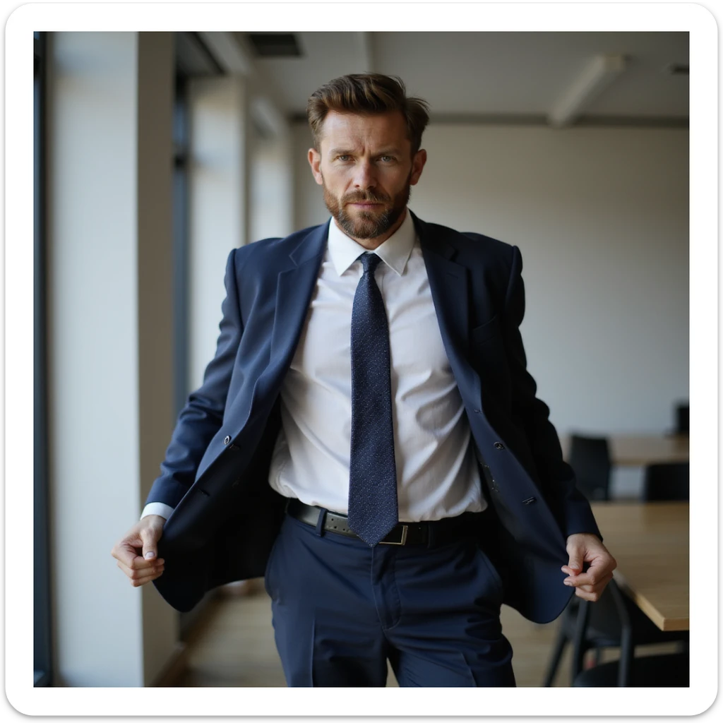 a business man turning his body, photorealistic style, suit and tie, office background sticker