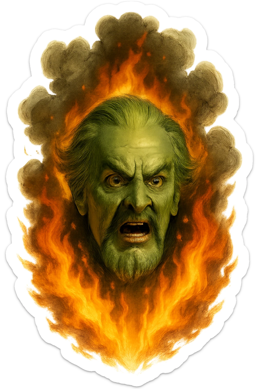 fierce head of the Wizard of Oz, classic movie style, smoke and fire, no background sticker