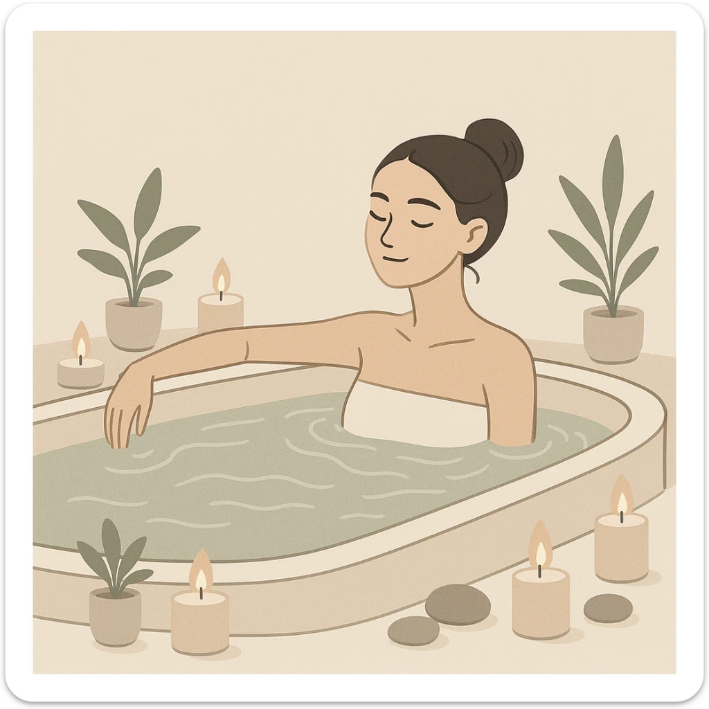 girl relaxing in a hot tub, lit candles, spa atmosphere, modern minimalist style sticker