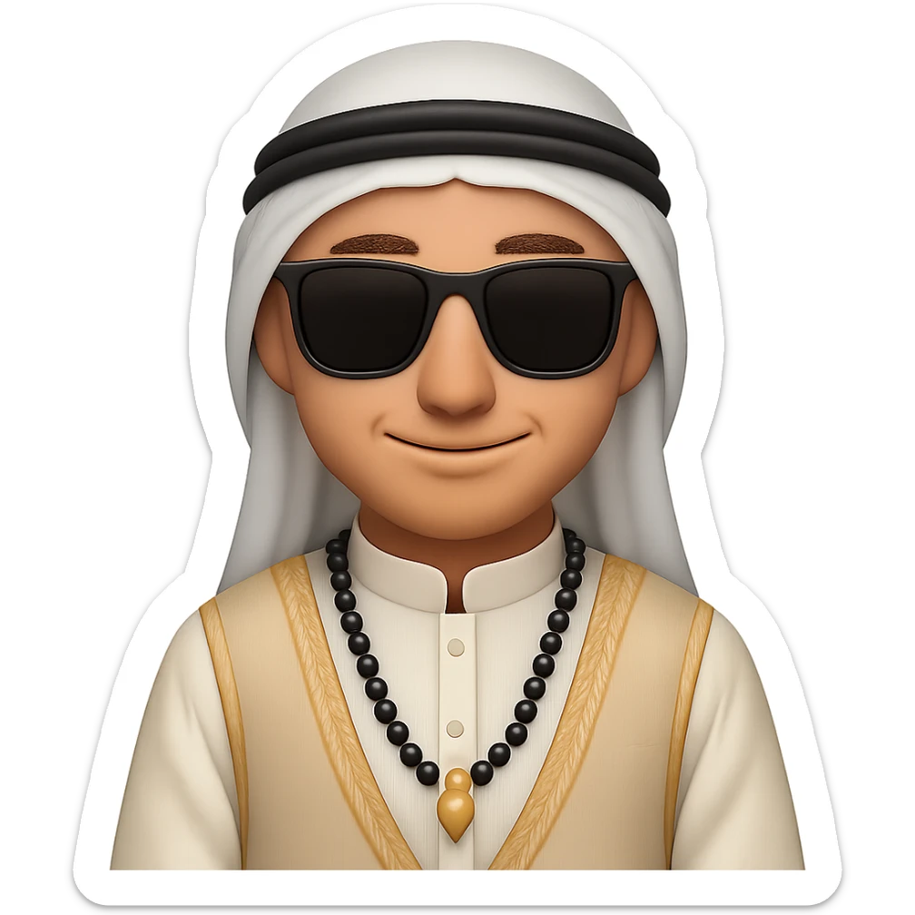 Add sunglasses to the Emirati man wearing agal and ghutra, keeping a warm and welcoming look. The image should have no background. Maintain the traditional attire and warm expression clearly in the style of an edited image. sticker