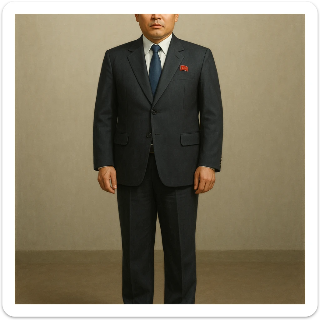 Official portrait of a North Korean man, head of the hull production workshop at a shipyard, serious and formal style, dark suit, neutral background, confident and focused expression, style inspired by Soviet and North Korean official portraits, full body, not cropped, head not cut off, head and feet fully in frame, variation 5 sticker