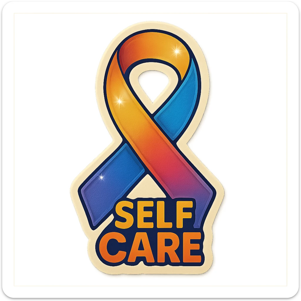 ribbon as a symbol of self-care, retro sticker style, clear contours, shadows and highlights, psychosomatics theme sticker
