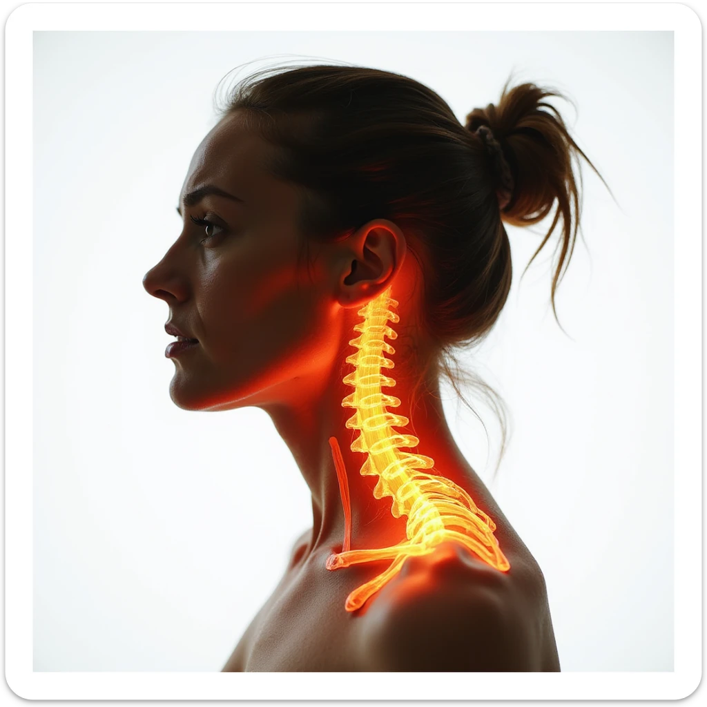 realistic anatomical side view of a woman with highlighted and contracted cervical muscles, suffering expression, white background sticker