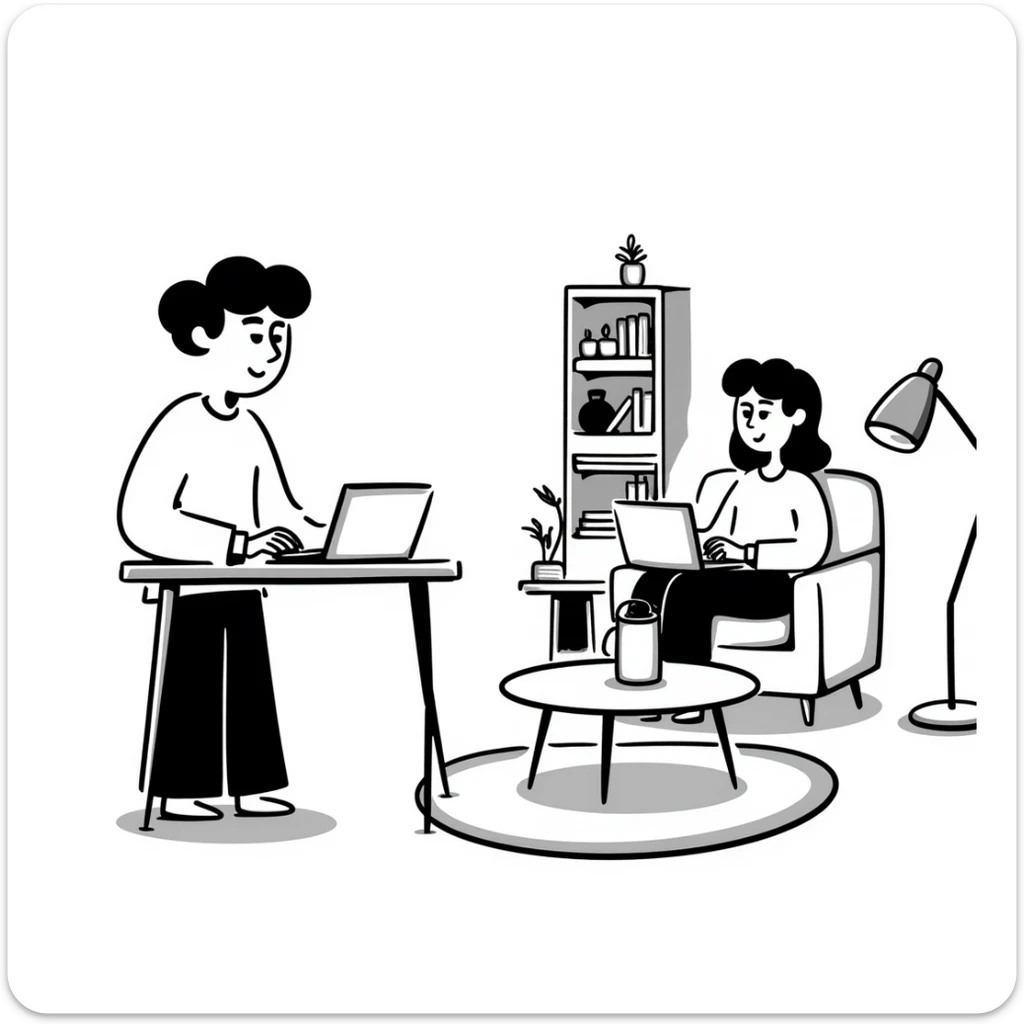 escenary 3d of a cozy mid-century living room with two people working on laptops, one man standing at a desk, and one woman sitting on a couch sticker