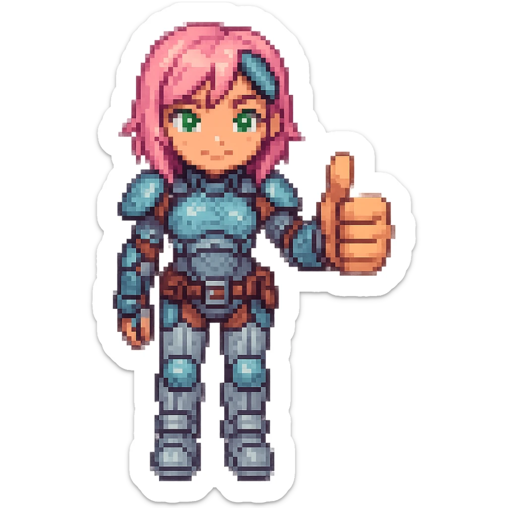 Make the thumb more prominent on the cyborg girl with pink hair giving a thumbs up in pixel art style with detailed armor, no background. sticker