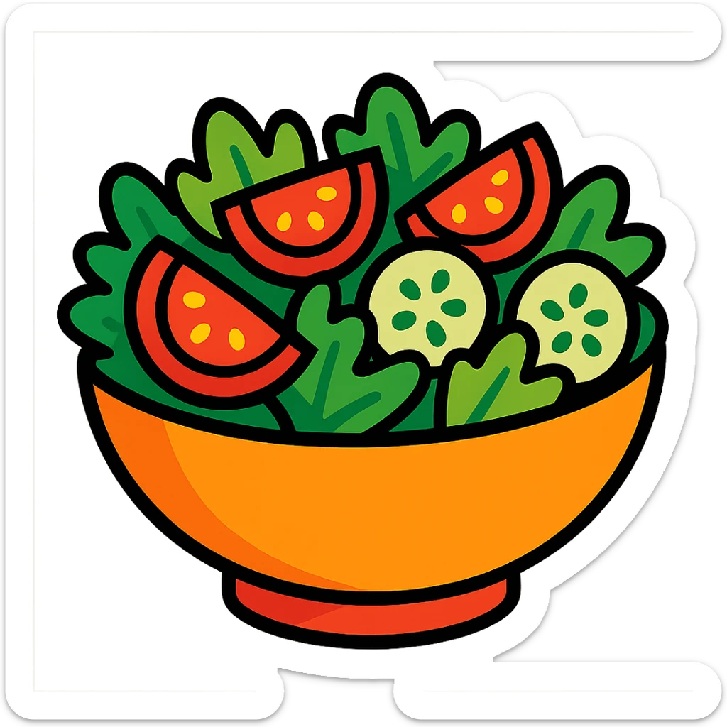 bowl of salad with tomatoes, cucumbers, and lettuce, playful cartoon style sticker