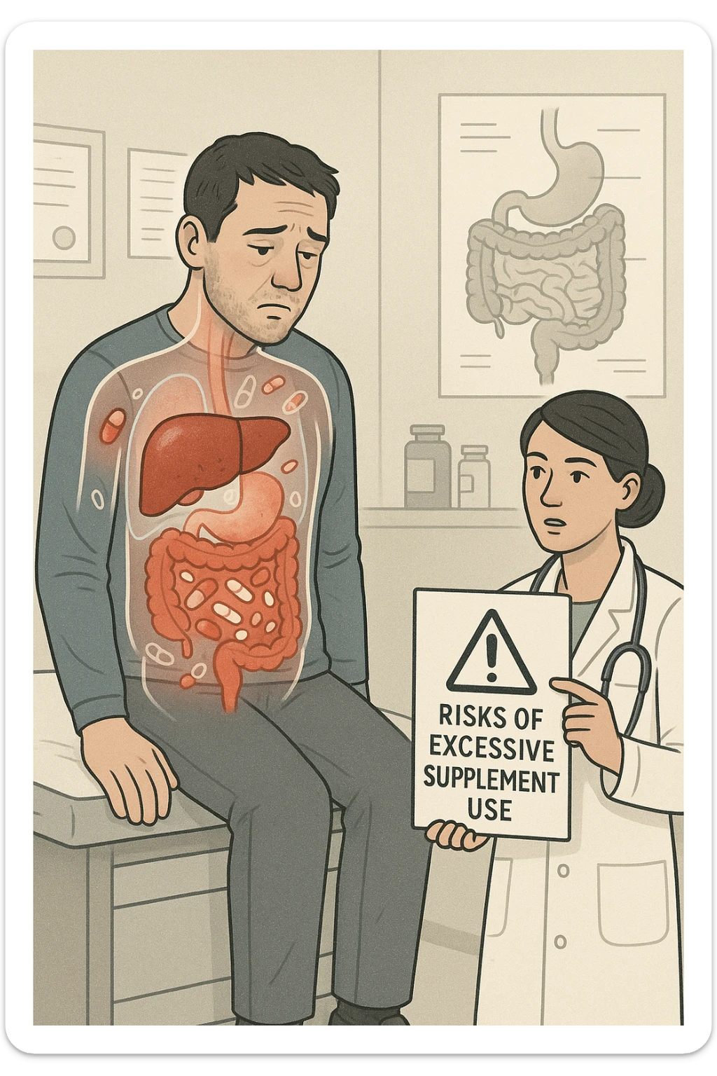 a man sits on a doctor’s examination table, looking fatigued and uncomfortable. A transparent anatomical overlay reveals his liver and intestines, both appearing inflamed and congested, with stylized supplement capsules and pills scattered throughout the digestive tract. The doctor stands nearby, holding a chart that highlights the risks of excessive supplement use. The mood is clinical and educational. sticker