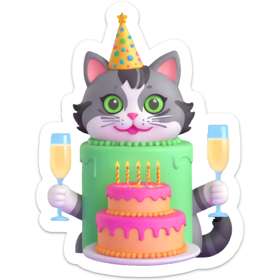 tricolor fluffy cat with big green eyes celebrating her birthday with a cake and champagne sticker
