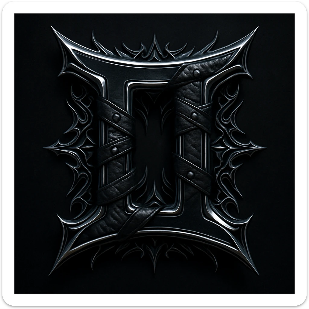 Gemini zodiac symbol fused with heavy metal iconography, dark colors, chrome and leather sticker