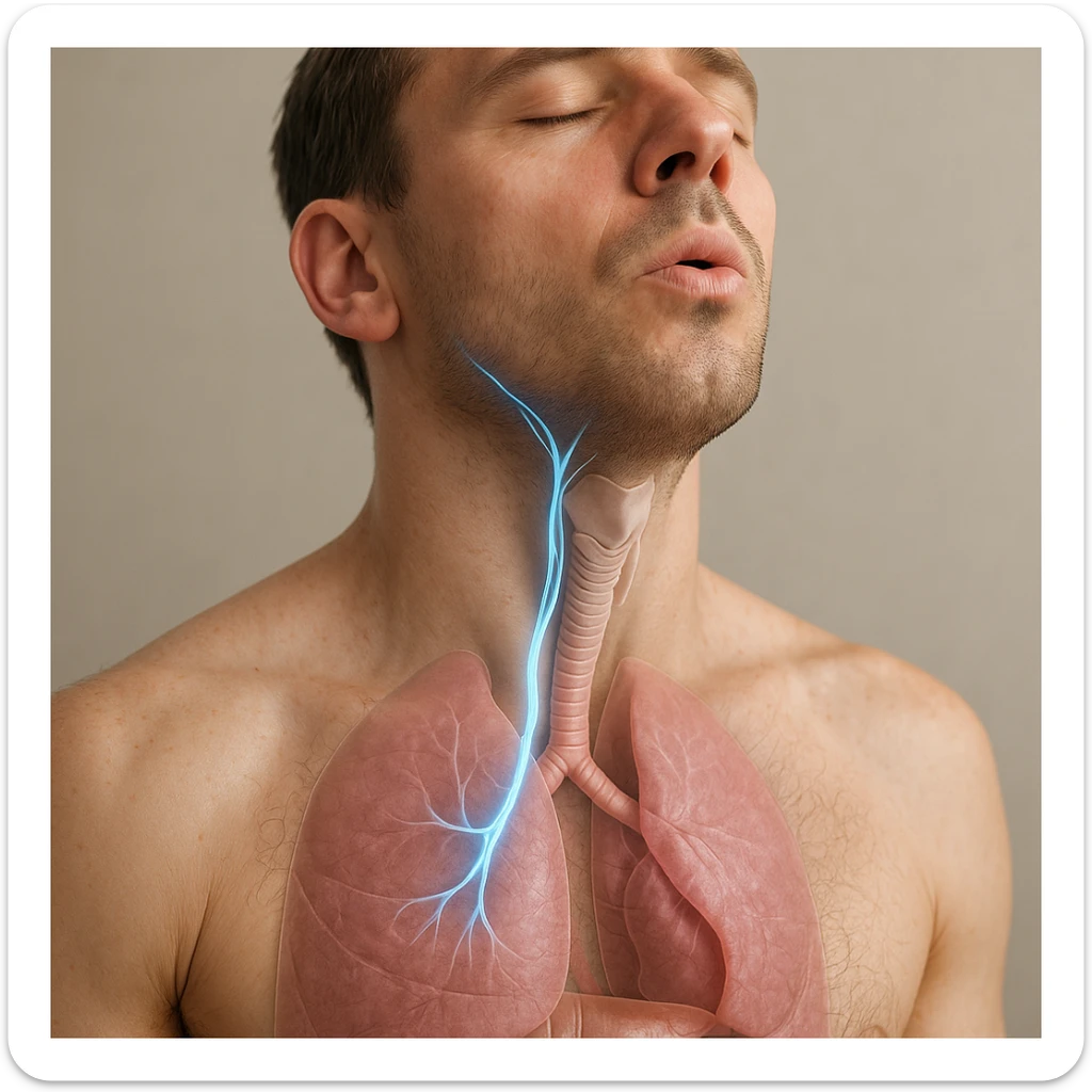 realistic 4K close-up image of a man's neck and chest improving his vagus nerve through breathing protocols, anatomical details, highlighted vagus nerve path with blue glowing effect, man inhaling, transparency on internal organs, neutral background sticker