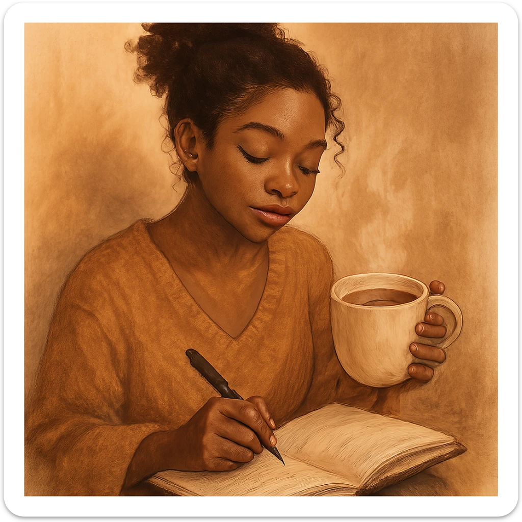 self care aesthetic, black girl with brown skin, journaling with a cup of tea, soft and warm setting sticker