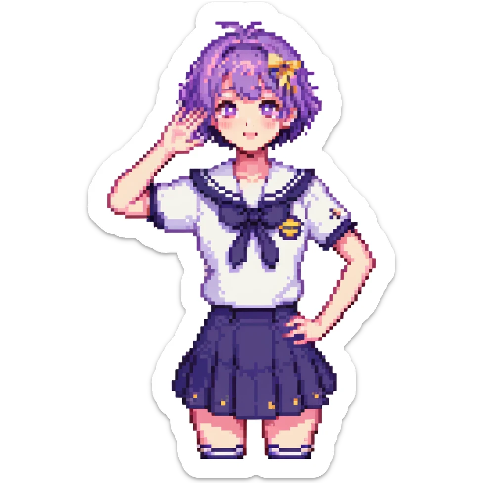 Pixel art anime schoolgirl with short bright purple hair in Japanese sailor uniform, standing with one hand on hip trying to look brave but shyly waving with pink blush across face sticker