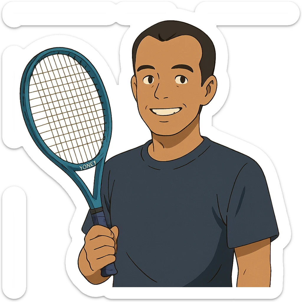 ghibli style light brown skinned tennis coach, short straight black hair with widow's peak, oval face, small eyes, smiling, holding blue Yonex racket, wearing navy blue dry fit shirt sticker