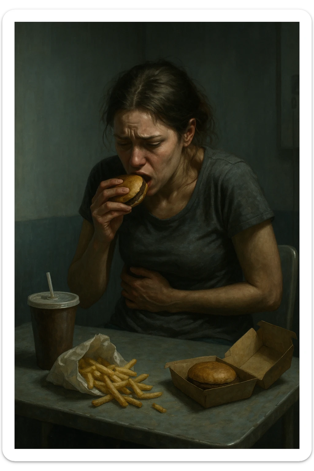 realistic illustration of a woman showing marked emotional eating during menstrual cycle, nervous gestures, contracted posture, clinical atmosphere, dramatic lighting, no text, 2:3 aspect ratio sticker
