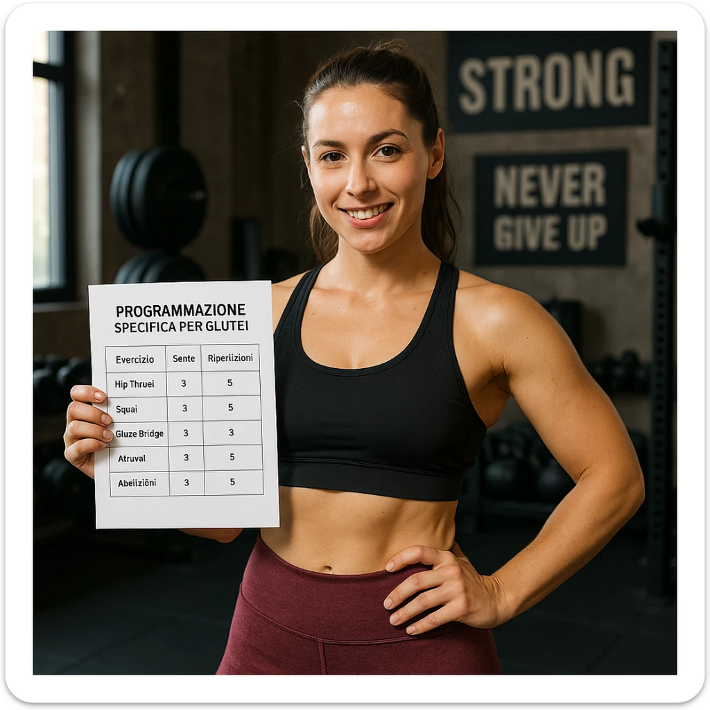 Create a realistic image of a woman in sportswear holding a gym workout sheet clearly labeled 'Programmazione specifica per Glutei'. The setting is a gym environment with a motivational atmosphere and realistic details. sticker