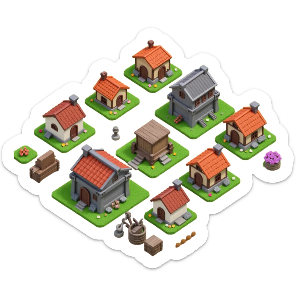 10 different buildings, all farms, upgradable, tier one to tier 10, clash of clans like sticker