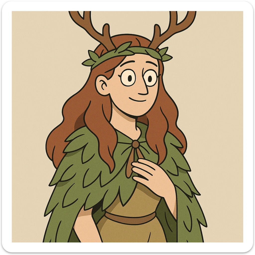 female druid with long hair, cartoon style, antler headdress, leafy cloak, gentle expression sticker